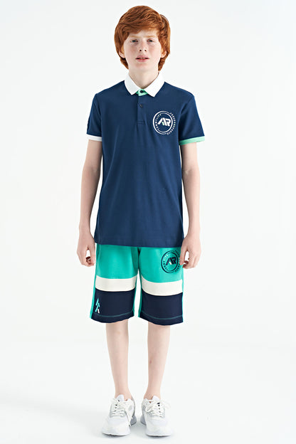 Indigo Cuff Colored Logo Embroidered Standard Fit Polo Collar Boys T-Shirt - 11138