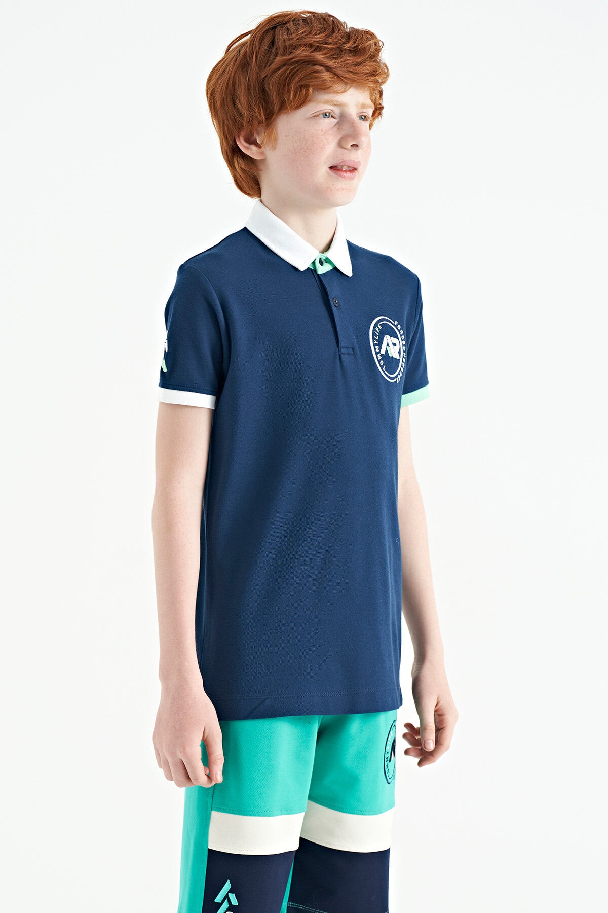 Indigo Cuff Colored Logo Embroidered Standard Fit Polo Collar Boys T-Shirt - 11138