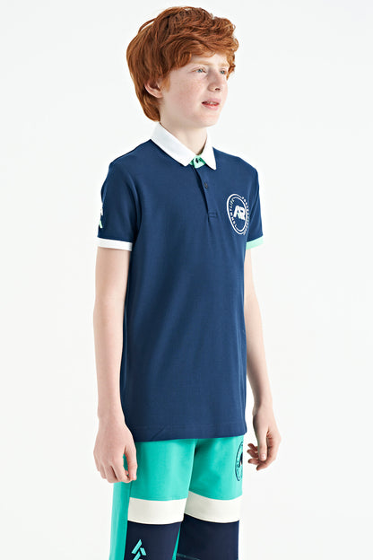 Indigo Cuff Colored Logo Embroidered Standard Fit Polo Collar Boys T-Shirt - 11138