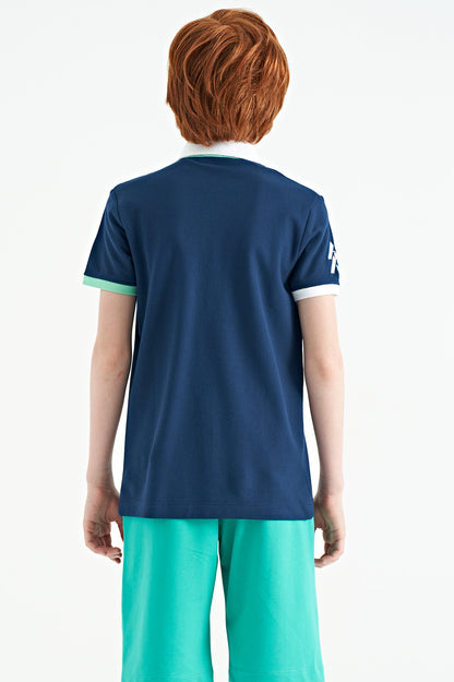 Indigo Cuff Colored Logo Embroidered Standard Fit Polo Collar Boys T-Shirt - 11138