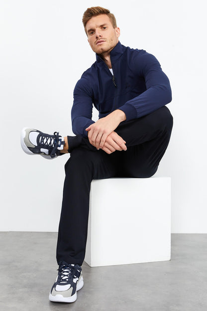 Indigo - Navy Blue High Neck Zippered Standard Fit Classic Cuff Men's Tracksuit Set - 85152