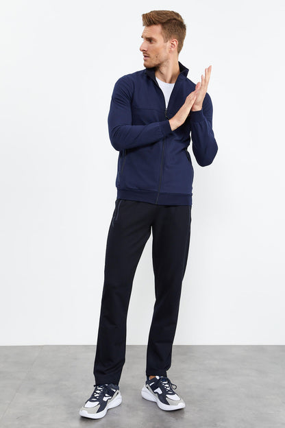 Indigo - Navy Blue High Neck Zippered Standard Fit Classic Cuff Men's Tracksuit Set - 85152