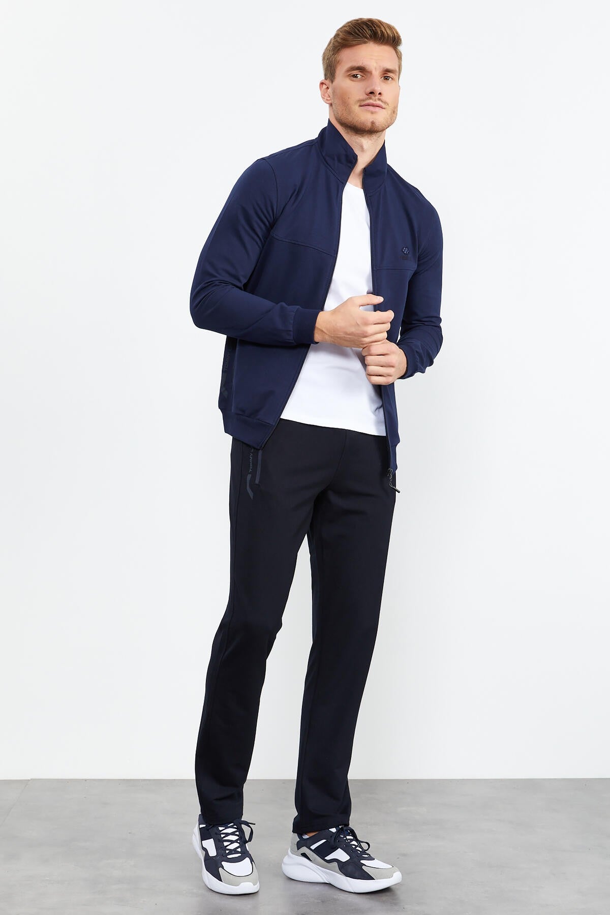 Indigo - Navy Blue High Neck Zippered Standard Fit Classic Cuff Men's Tracksuit Set - 85152