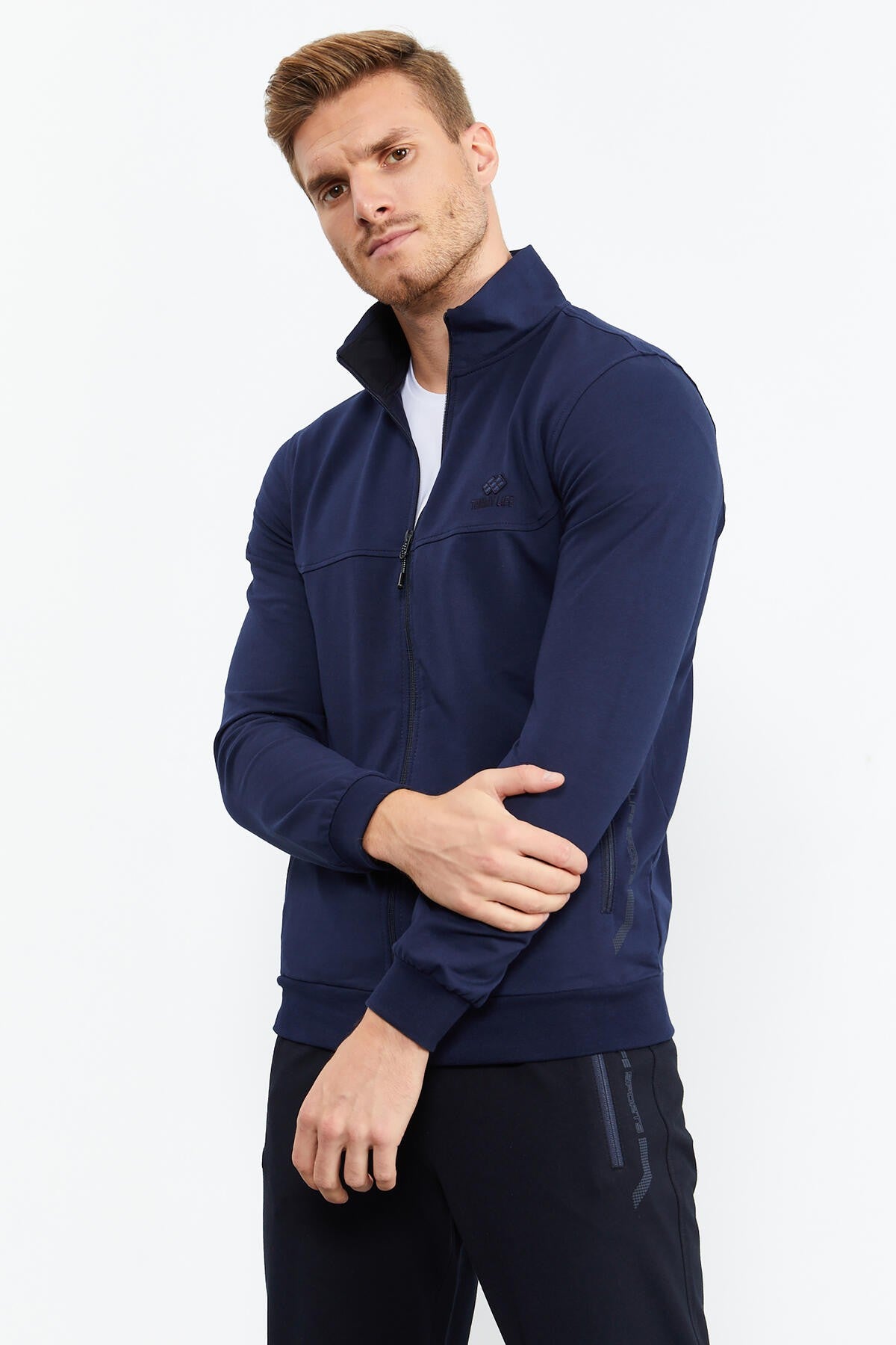 Indigo - Navy Blue High Neck Zippered Standard Fit Classic Cuff Men's Tracksuit Set - 85152