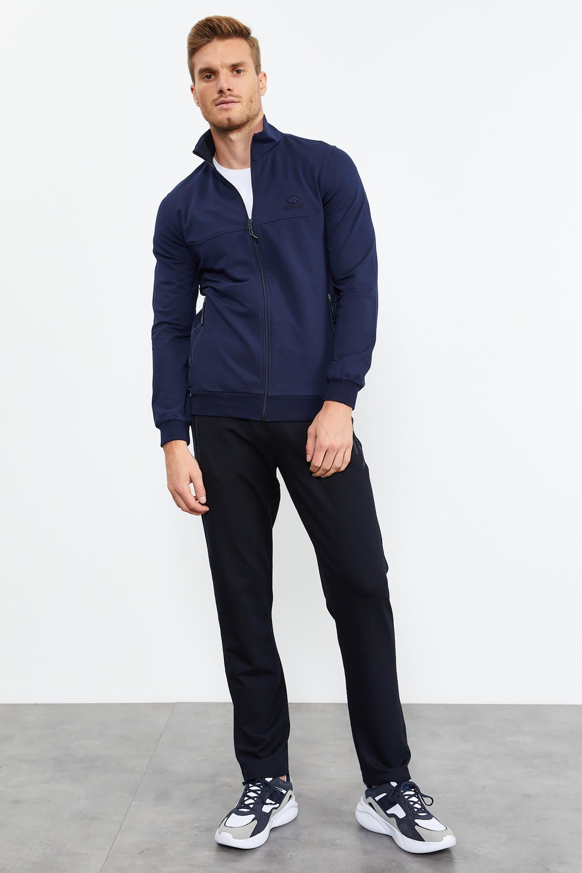 Indigo - Navy Blue High Neck Zippered Standard Fit Classic Cuff Men's Tracksuit Set - 85152