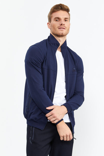 Indigo - Navy Blue High Neck Zippered Standard Fit Classic Cuff Men's Tracksuit Set - 85152