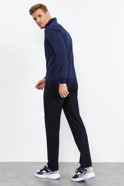 Indigo - Navy Blue High Neck Zippered Standard Fit Classic Cuff Men's Tracksuit Set - 85152