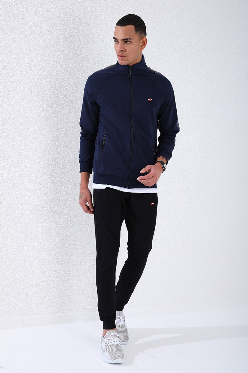 Indigo - Navy Blue Straight Collar Striped Print Standard Fit Cuffed Men's Tracksuit Set - 85150