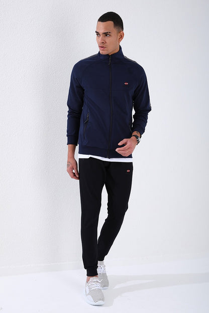 Indigo - Navy Blue Straight Collar Striped Print Standard Fit Cuffed Men's Tracksuit Set - 85150