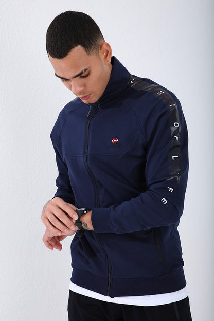 Indigo - Navy Blue Straight Collar Striped Print Standard Fit Cuffed Men's Tracksuit Set - 85150