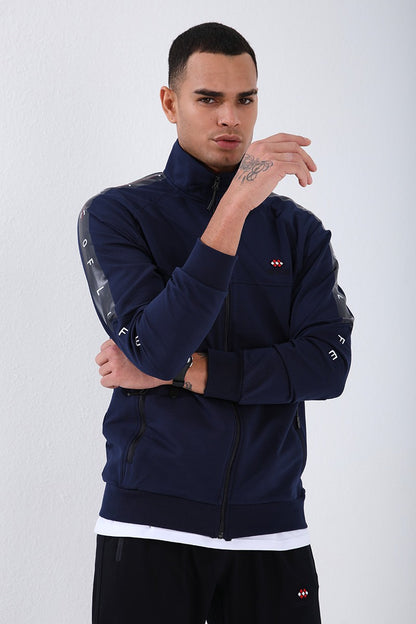 Indigo - Navy Blue Straight Collar Striped Print Standard Fit Cuffed Men's Tracksuit Set - 85150