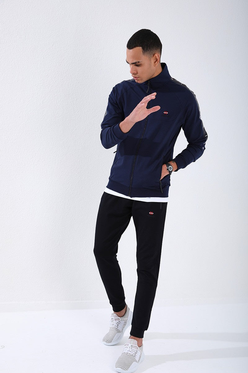 Indigo - Navy Blue Straight Collar Striped Print Standard Fit Cuffed Men's Tracksuit Set - 85150