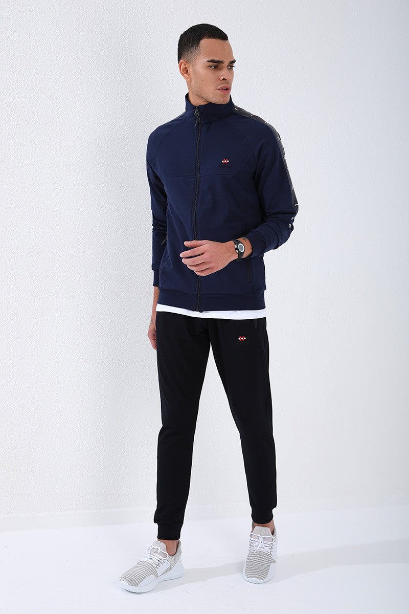 Indigo - Navy Blue Straight Collar Striped Print Standard Fit Cuffed Men's Tracksuit Set - 85150