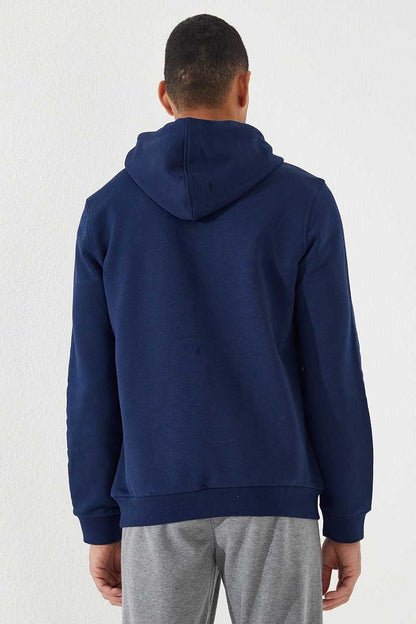 Indigo Embroidered Kangaroo Pocket Standard Fit Hooded Men's Sweatshirt - 87839