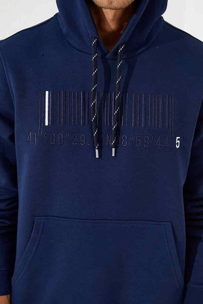Indigo Embroidered Kangaroo Pocket Standard Fit Hooded Men's Sweatshirt - 87839