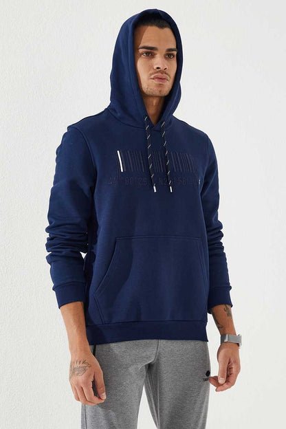 Indigo Embroidered Kangaroo Pocket Standard Fit Hooded Men's Sweatshirt - 87839