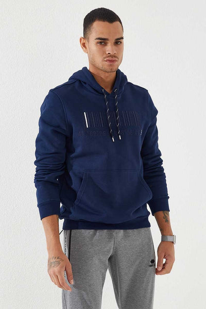 Indigo Embroidered Kangaroo Pocket Standard Fit Hooded Men's Sweatshirt - 87839