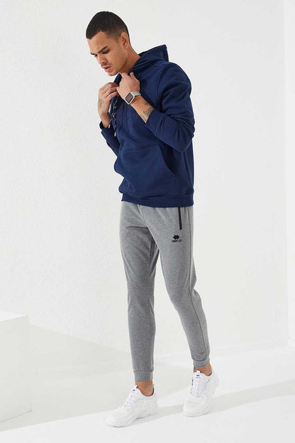Indigo Embroidered Kangaroo Pocket Standard Fit Hooded Men's Sweatshirt - 87839