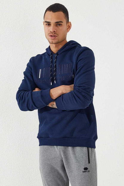 Indigo Embroidered Kangaroo Pocket Standard Fit Hooded Men's Sweatshirt - 87839