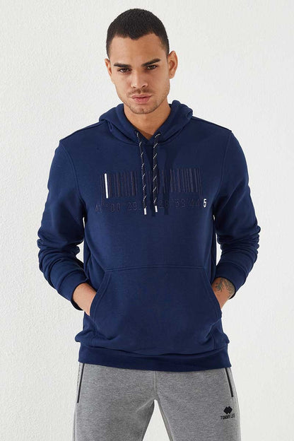 Indigo Embroidered Kangaroo Pocket Standard Fit Hooded Men's Sweatshirt - 87839
