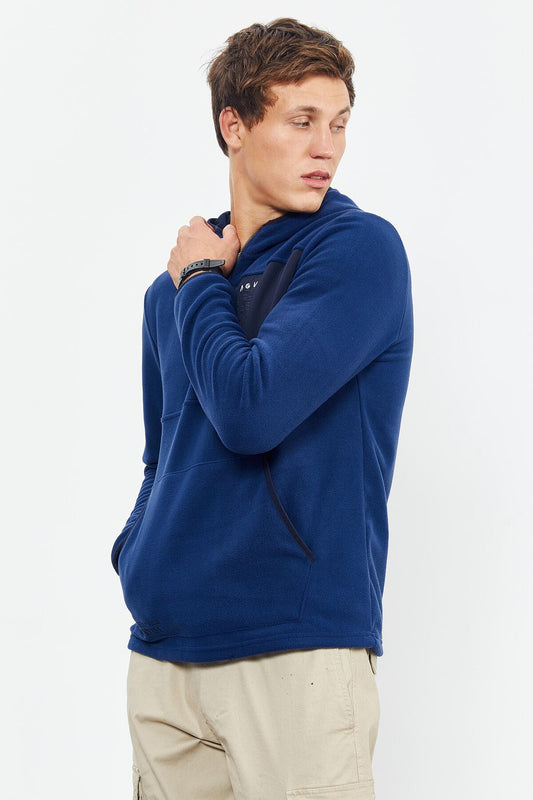 Indigo Embroidered Half-Zip Hooded Regular Fit Men's Fleece Sweatshirt - 87996