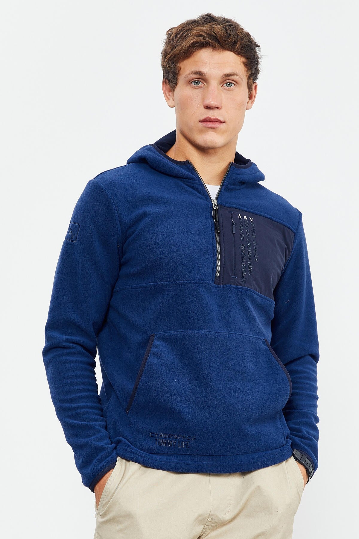 Indigo Embroidered Half-Zip Hooded Regular Fit Men's Fleece Sweatshirt - 87996