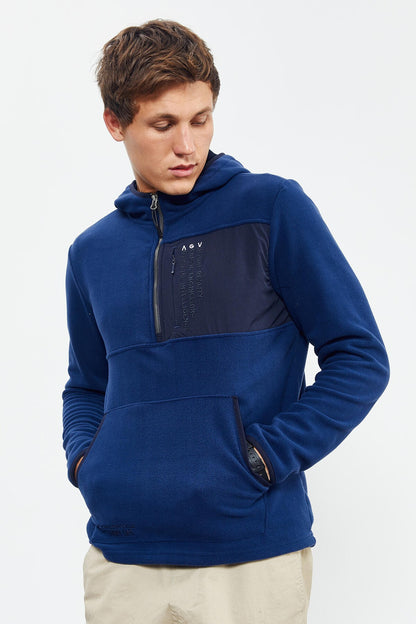 Indigo Embroidered Half-Zip Hooded Regular Fit Men's Fleece Sweatshirt - 87996