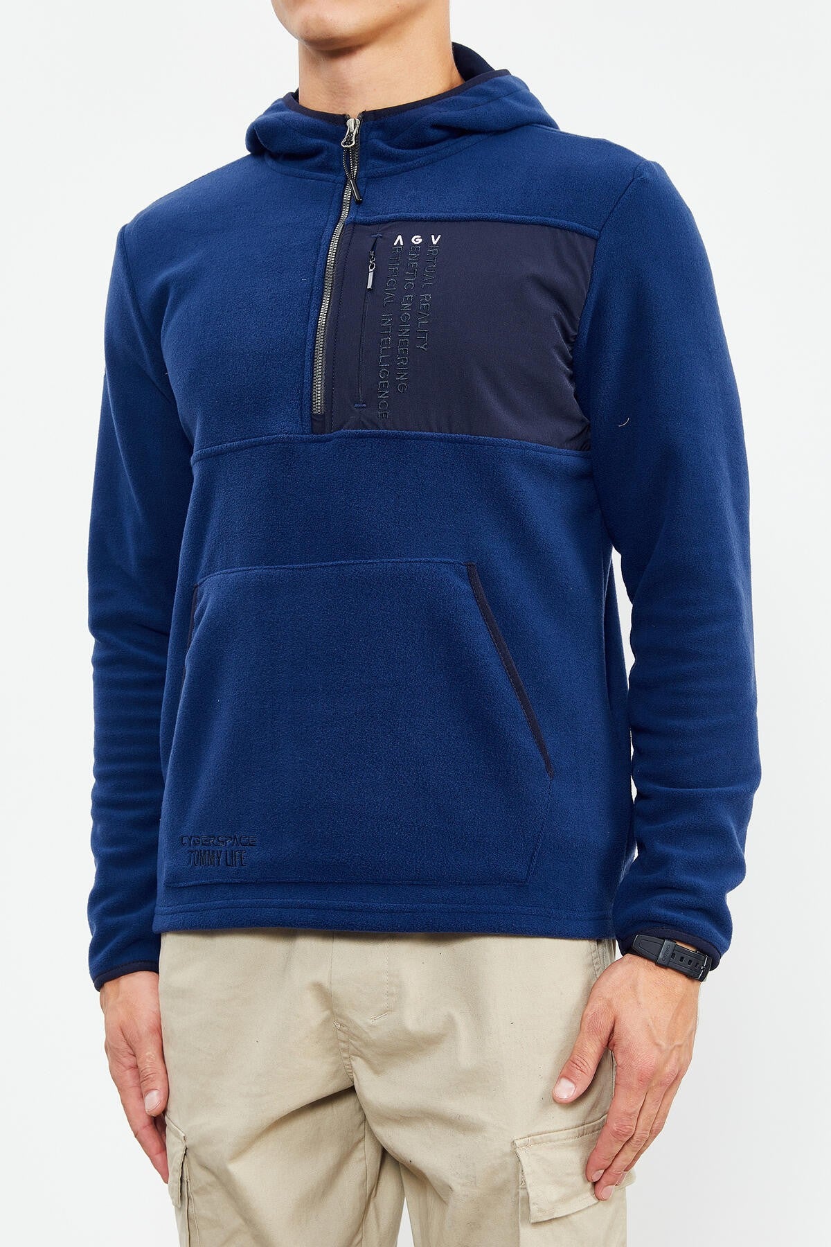 Indigo Embroidered Half-Zip Hooded Regular Fit Men's Fleece Sweatshirt - 87996