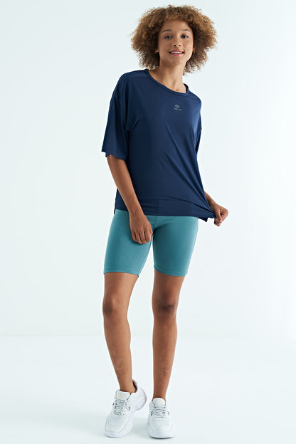 Indigo O Collar Printed Detailed Oversize Short Sleeve Women's T-Shirt - 97263