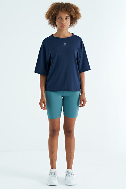Indigo O Collar Printed Detailed Oversize Short Sleeve Women's T-Shirt - 97263