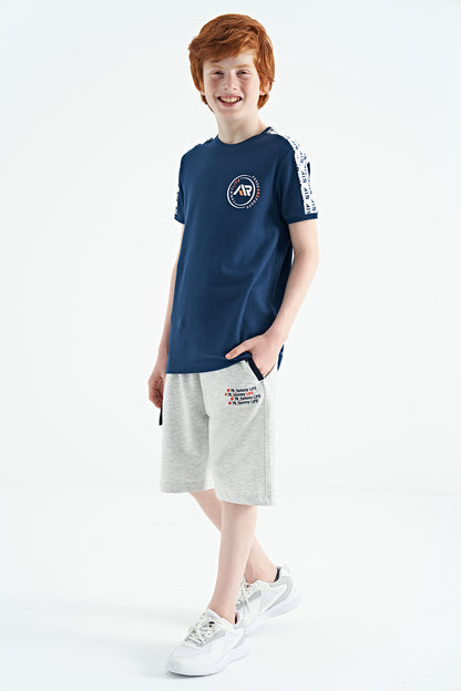 Indigo Shoulder Print Detailed Standard Model O Collar Boys T-Shirt - 11121