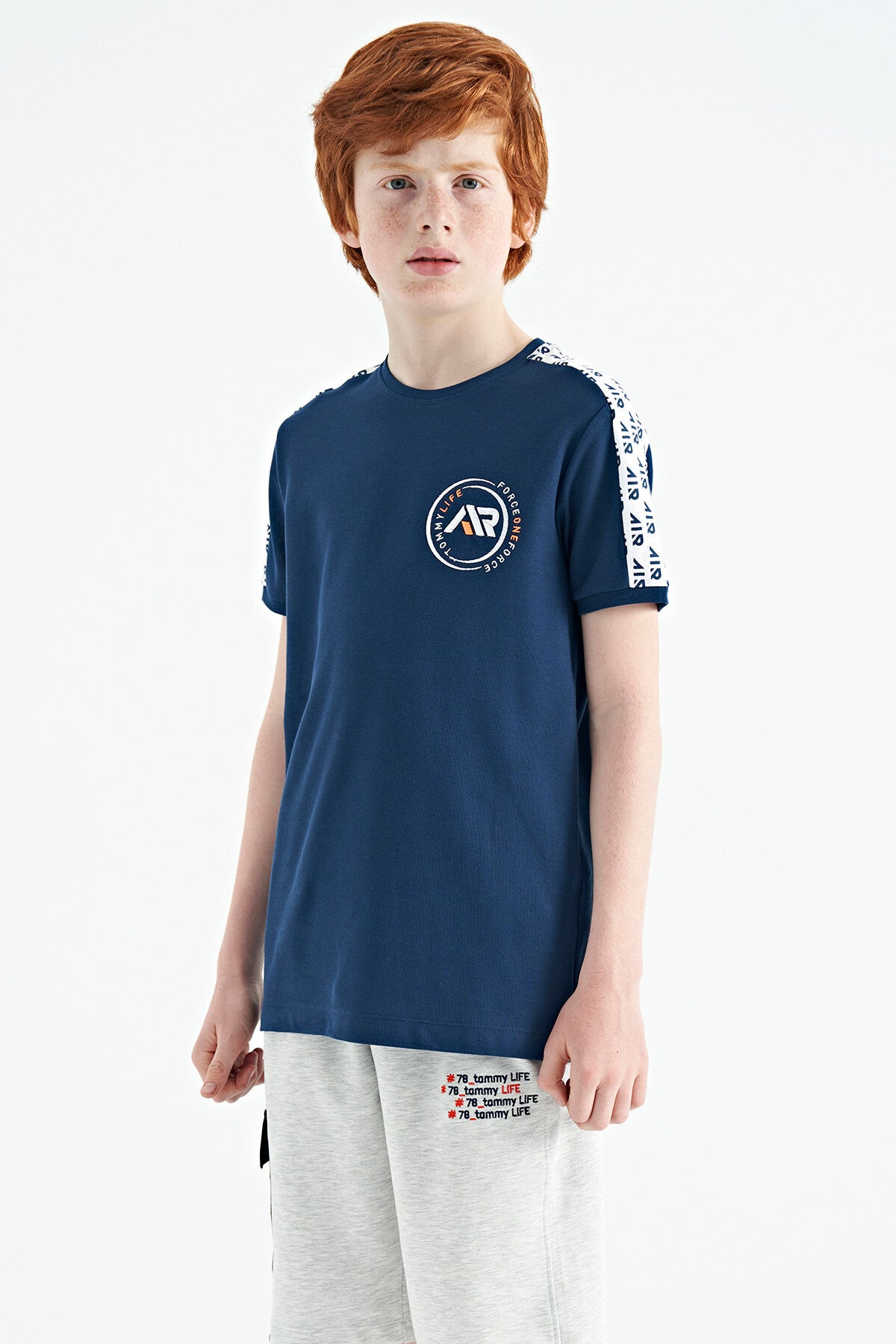 Indigo Shoulder Print Detailed Standard Model O Collar Boys T-Shirt - 11121