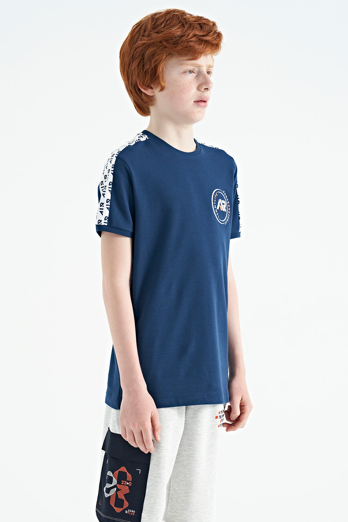 Indigo Shoulder Print Detailed Standard Model O Collar Boys T-Shirt - 11121