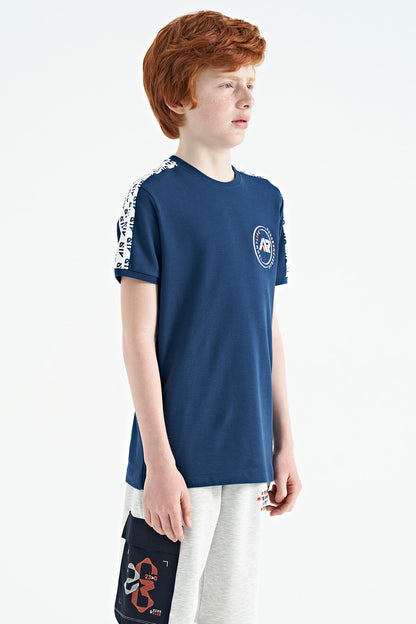 Indigo Shoulder Print Detailed Standard Model O Collar Boys T-Shirt - 11121