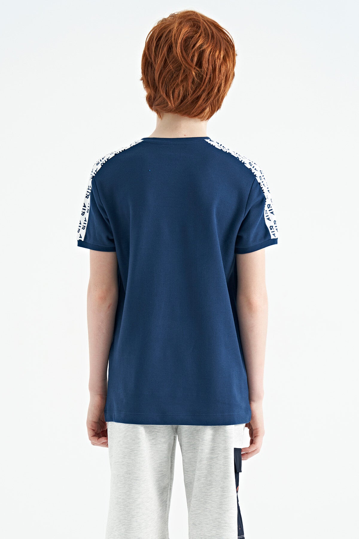 Indigo Shoulder Print Detailed Standard Model O Collar Boys T-Shirt - 11121