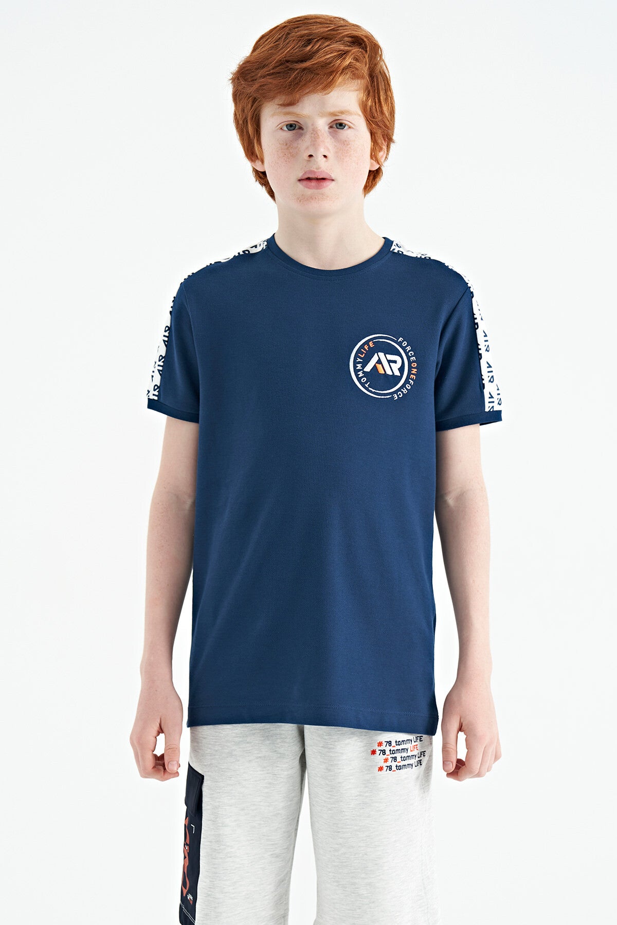 Indigo Shoulder Print Detailed Standard Model O Collar Boys T-Shirt - 11121