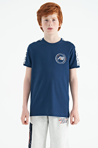 Indigo Shoulder Print Detailed Standard Model O Collar Boys T-Shirt - 11121