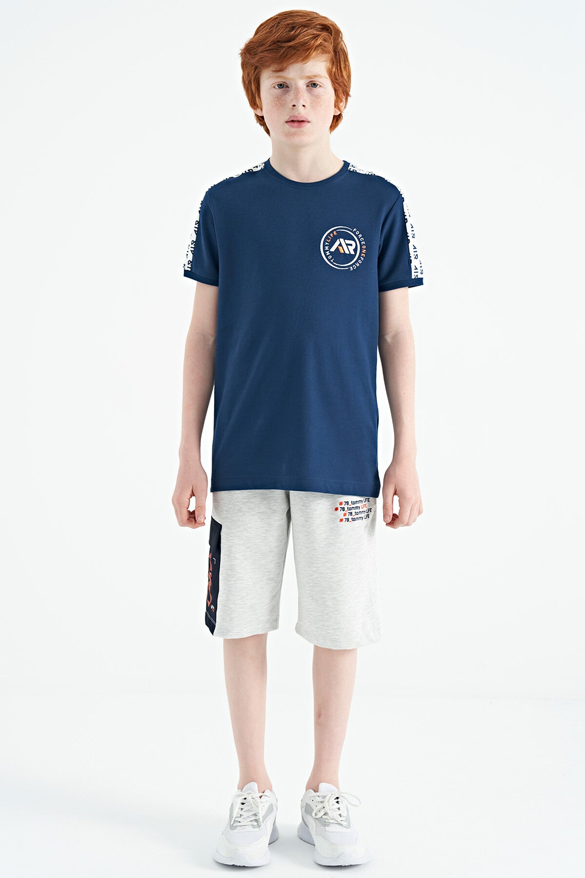 Indigo Shoulder Print Detailed Standard Model O Collar Boys T-Shirt - 11121