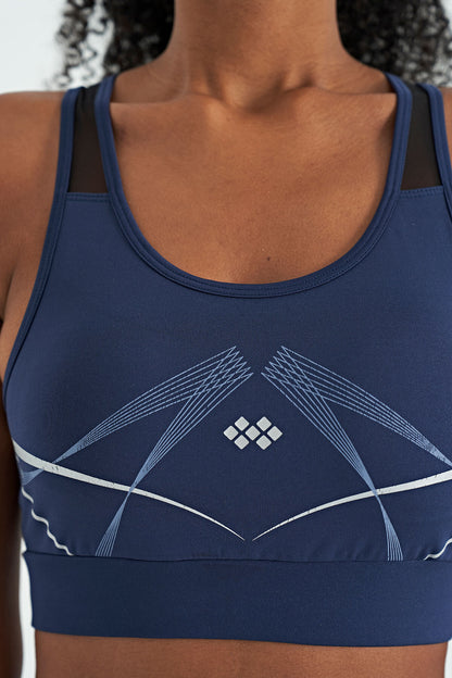 Indigo Front Back Print Detailed U Collar Slim Fit Women's Sports Bustier - 97252