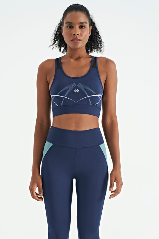 Indigo Front Back Print Detailed U Collar Slim Fit Women's Sports Bustier - 97252