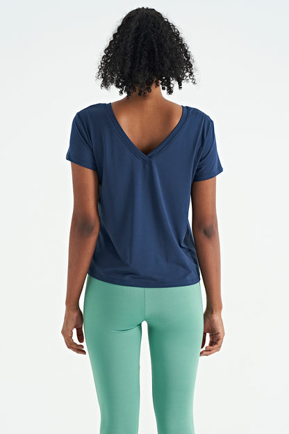 Indigo Pre-Printed Back V-Neck Standard Fit Short Sleeve Women's Sports T-Shirt - 97264