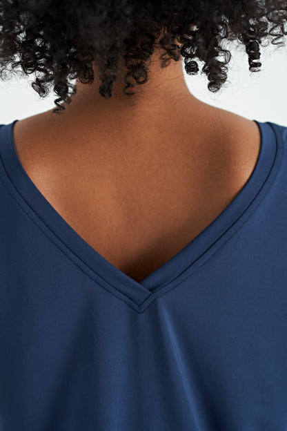 Indigo Pre-Printed Back V-Neck Standard Fit Short Sleeve Women's Sports T-Shirt - 97264