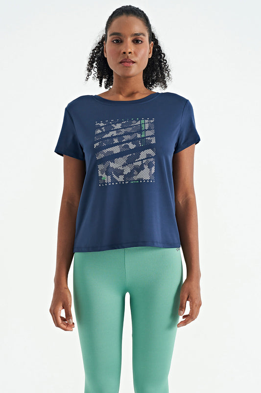 Indigo Pre-Printed Back V-Neck Standard Fit Short Sleeve Women's Sports T-Shirt - 97264