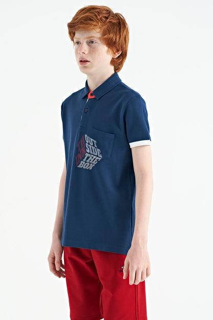 Indigo Front Pocket Detailed Print Standard Fit Polo Collar Boys T-Shirt - 11102