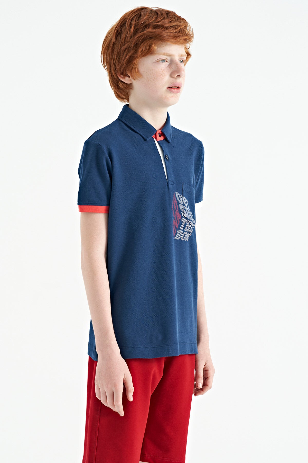 Indigo Front Pocket Detailed Print Standard Fit Polo Collar Boys T-Shirt - 11102