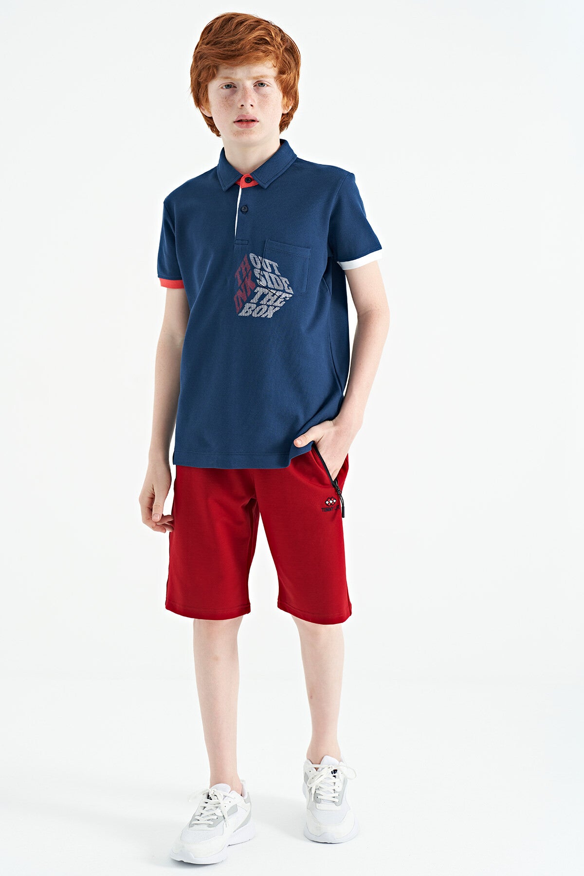 Indigo Front Pocket Detailed Print Standard Fit Polo Collar Boys T-Shirt - 11102