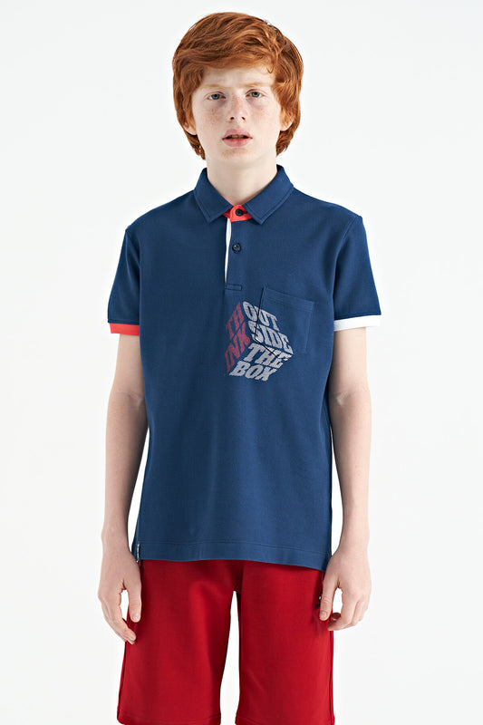 Indigo Front Pocket Detailed Print Standard Fit Polo Collar Boys T-Shirt - 11102