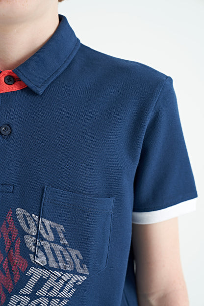 Indigo Front Pocket Detailed Print Standard Fit Polo Collar Boys T-Shirt - 11102