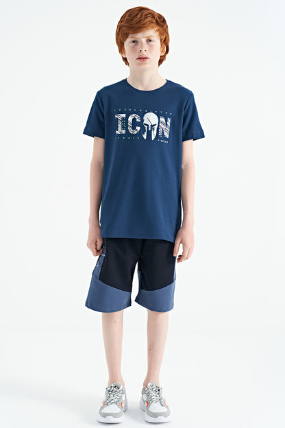 Indigo Crew Neck Embroidered Standard Fit Boys' T-Shirt - 11118