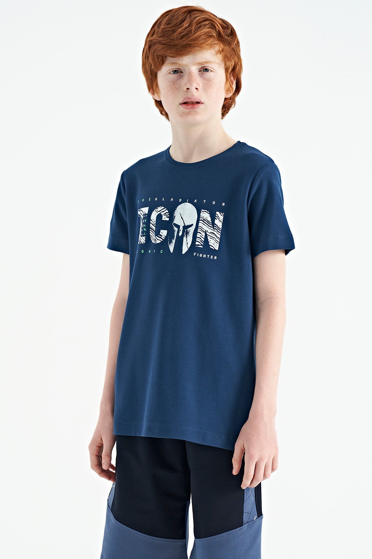 Indigo Crew Neck Embroidered Standard Fit Boys' T-Shirt - 11118